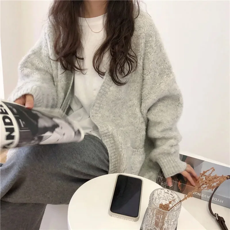 Casual Loose Knitted Cardigan Women Korean Fashion V Neck Oversized Sweaters Vintage Woman Solid Long Sleeve Sweater Coats Mujer