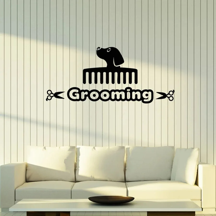 Grooming Pet Wall Decal Lettering Abstract Dog Head Comb Pets Shop Animals Room Interior Decor Vinyl Window Stickers Mural M626