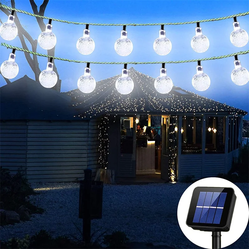 Solar String Lights Outdoor Waterproof Globe Garland Solar Powered Patio Light Decorative with 8 Lighting Modes For Garden Yard