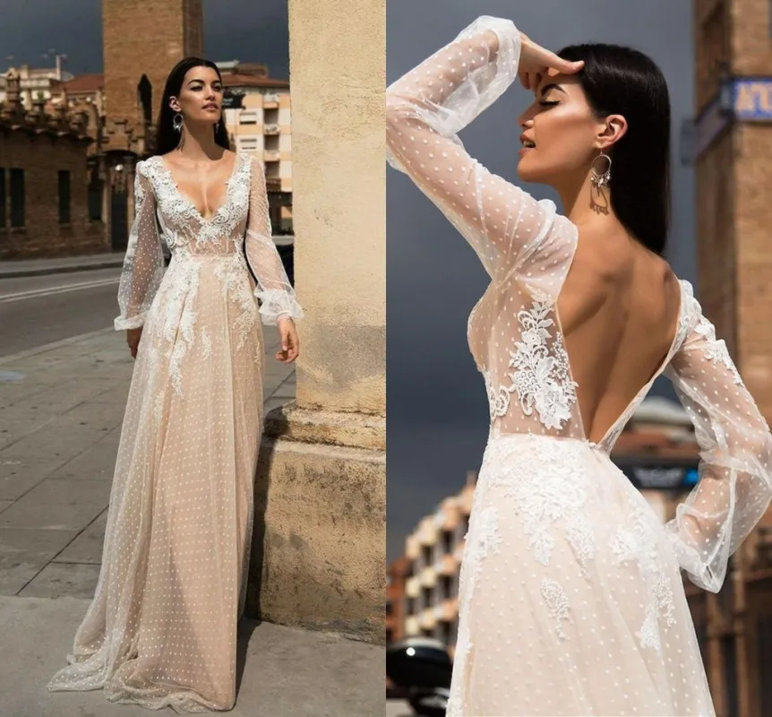 

Lace Boho Wedding Dress Sexy Backless Puff Sleeves Tulle Champagne Open Back Bride Gown Vestido Novia Robe De Mariage