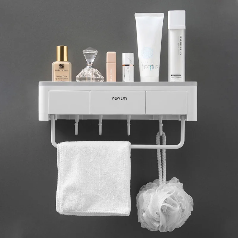 Bathroom Shelf Wall Mounted Shampoo Cosmetic With Drawer Storage Rack Organizer Towel Bar Robe Hooks Holder Bathroom Accessories