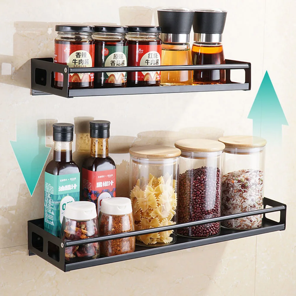 Kitchen Organizer Wall Mount Storage Rack Punch-free Metal Spice Jar Rack Cabinet Shelf Kitchen Storage Holder