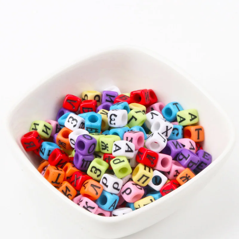 100PCs Mixed Black Acrylic Russian Alphabet Letter Flat Cube Beads For Jewelry Making Diy 6x6mm KL178