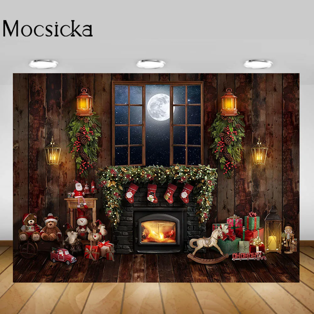 Mocsicka คริสต์มาสฉากหลังพื้นไม้อิฐผนัง Xmas Tree หน้าต่างเตาผิงภาพพื้นหลังเด็กถ่ายภาพบุคคลตุ๊กตาของเล่น