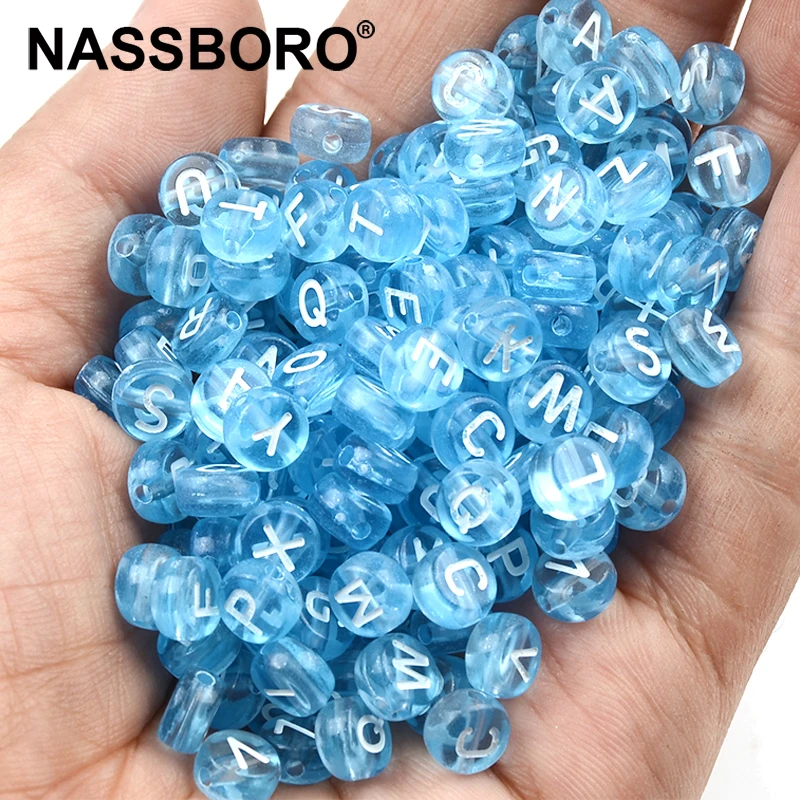 7mm Fluorescent Sky Blue Mixed Letter Acrylic Beads Flat Round Spacer Alphabet Beads For Jewelry Making Handmade Diy Bracelet