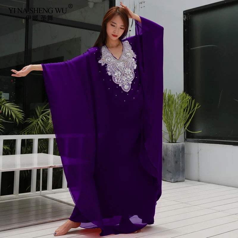 새로운 여성 댄스 착용 배꼽 춤 의류 kaftan 드레스와 스팽글 쉬폰 전통 khaleeji thobe 드레스 bellydance 2pcs