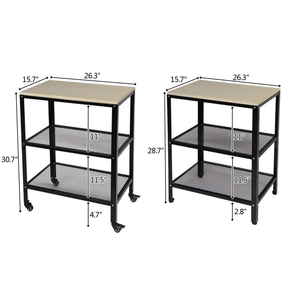 3-Tier Kitchen Microwave Cart Standing Bakers Rack Storage Cart Rolling File Utility Cart Metal Frame for Living Room[US-Depot]