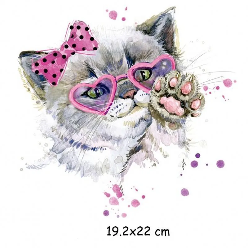 Cute Glasses Cat Animal Iron On Patches For DIY Heat Transfer Clothes T-Shirt Thermal Stickers Decoration Printing