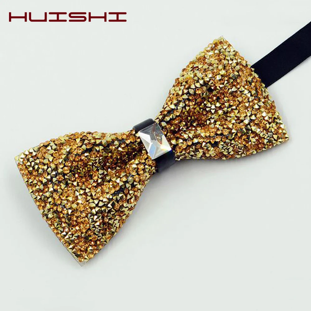 HUISHI แฟชั่นผู้ชายปรับ Shinning Rhinestone Bow Tie พรรคเพชรงานแต่งงานธุรกิจหรูหราคอ Bow Tie ทอง