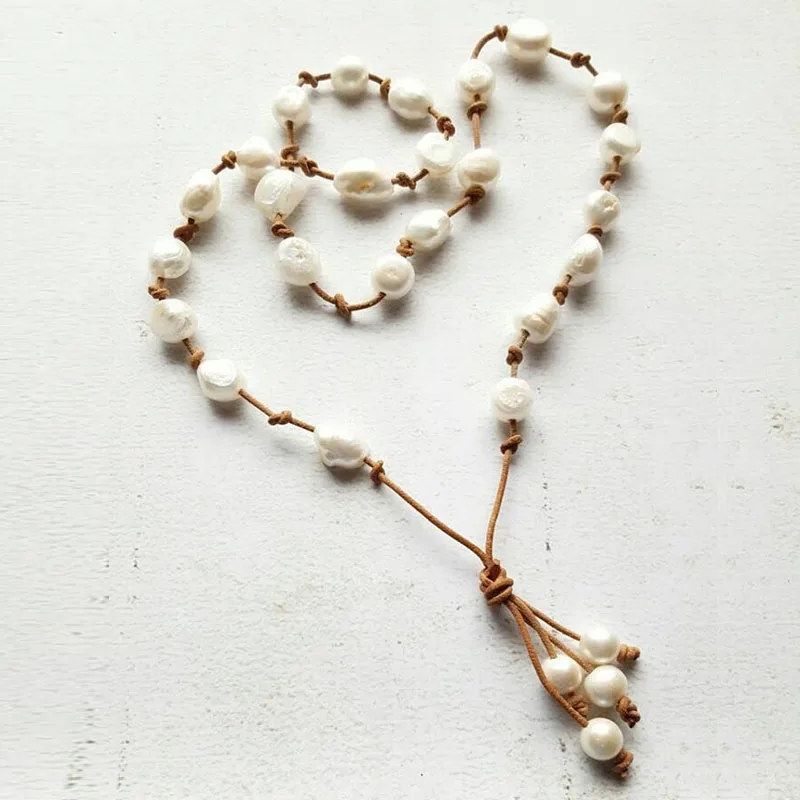 Tahitian pearls on leather long women\'s necklace pearls and leather knotted necklace,