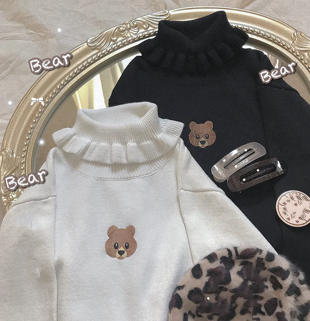 Harajuku Cute Bear Girl Turtleneck Sweater Vintage High Neck Kawaii Female Knitted Pullover Women Ruffle Slim Jumper White Black