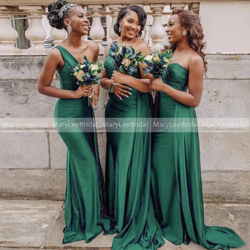 

One Shoulder Emerald Green Bridesmaid Dresses With Streamer Long Mermaid Bride Maid Of Honor Dress For Wedding Party