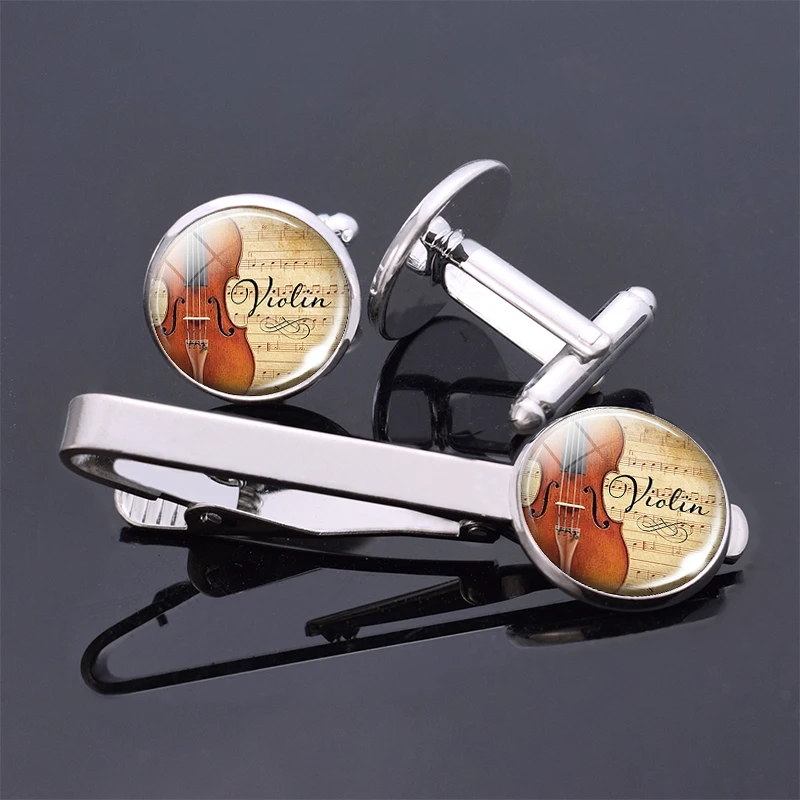 Fashion Mens Music Instrument Jewelry Violin Piano Guitar Clarinet Flute Pattern Glass Cabochon Cufflinks and Tie Clips Set