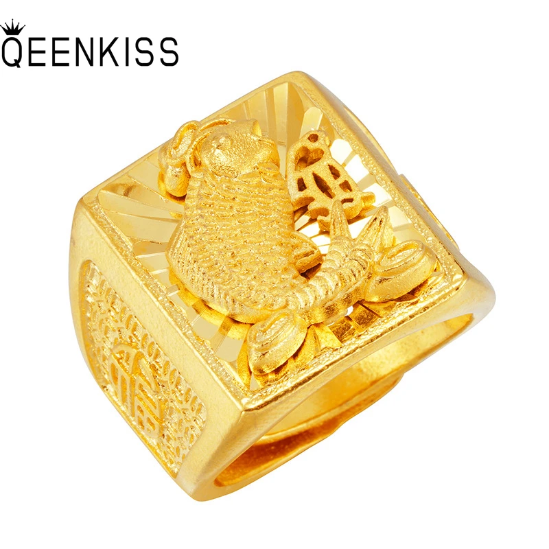 

QEENKISS Gold Vintage Carp Fish FU Open Rings For Men Male Wedding Party Birthday Christmas Groom Father Boyfriend Gifts RG592