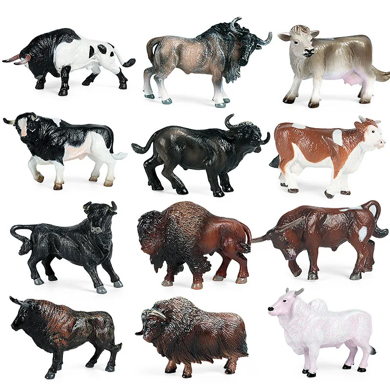 New Smulation Farm Wild Animals Solid Milk Cow Bison Suit Model Small Movable PVC Toy Kids Collection Gift