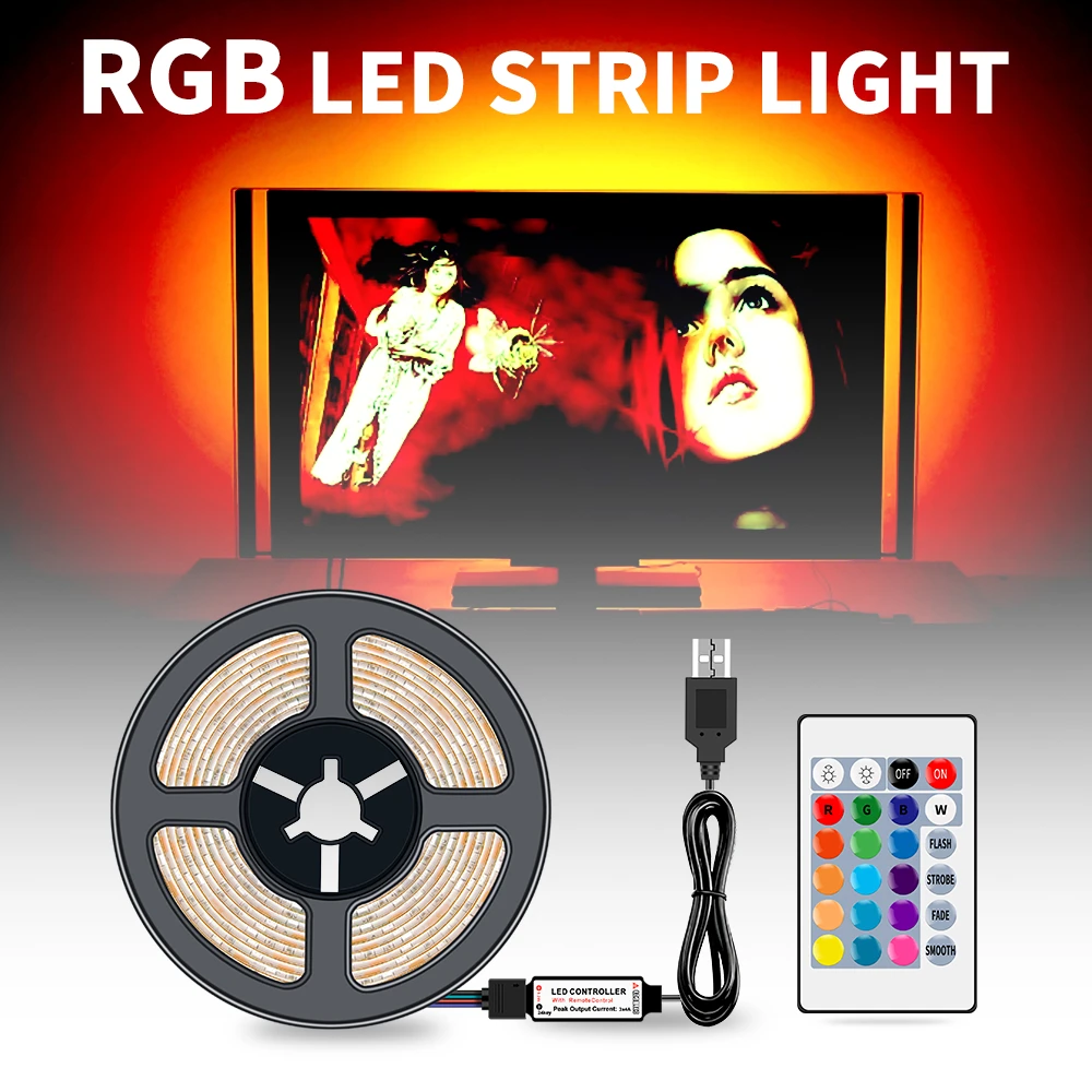 USB LED Strip RGB Flexible Light 5V Led TV HDTV Background RGBW LED Tape Neon Lighting 24 Keys Remote Control Color Changeable