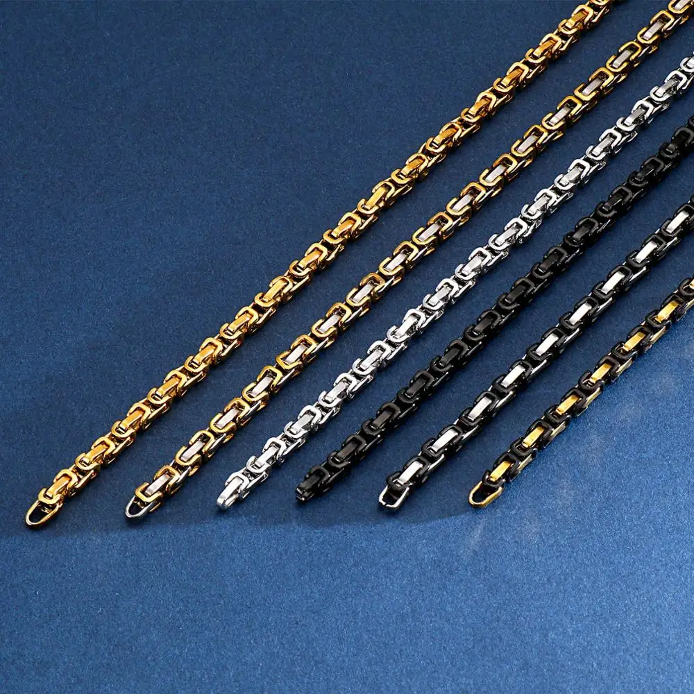 4/6/8mm Width Black & Gold Color Stainless Steel Byzantine Link Chain Necklaces For Men Rock Punk Style Cool Party Jewelry Gift