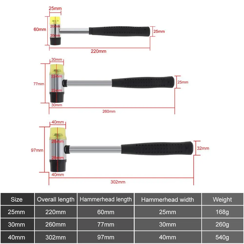 日曜大工や手工芸品用の両面ゴム製ハンマー,25mm,30mm,35mm,40mm