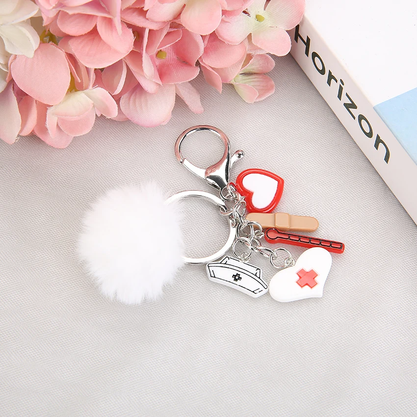 1Pc Handbag Keyring With Puffer Ball Nurse Medical Set Style Keychain Rresin Charms  Fashion Jewelry  Gifts