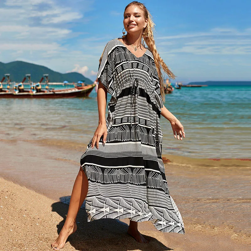 EU Style Rayon Loose Boho print Bikini Cover Up Women Summer Beach Dress Waist Drawstring Sarong Beachwear Robe De Plage