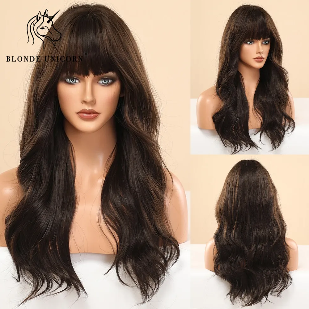 

BLONDE UNICORN Long Wavy Synthetic Hair Wigs Ombre Black Brown for Women Natural with Bangs For Women Heat Resistant Fiber