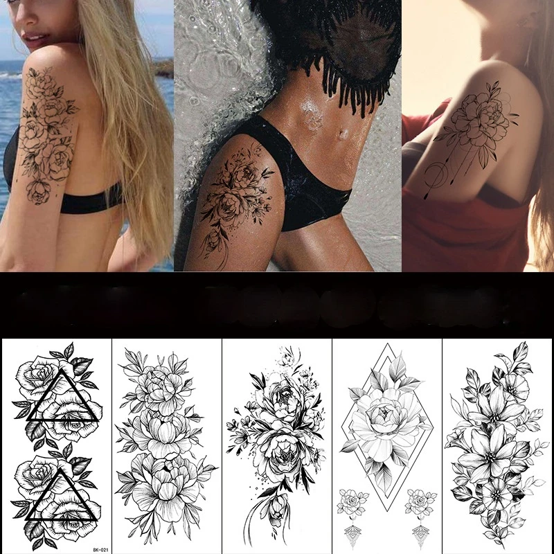 

Waterproof Temporary Black Sketchs Flowers Tattoo Stickers Flash Fake Tattoos Body Art for Women Girl tatuajes Temporales