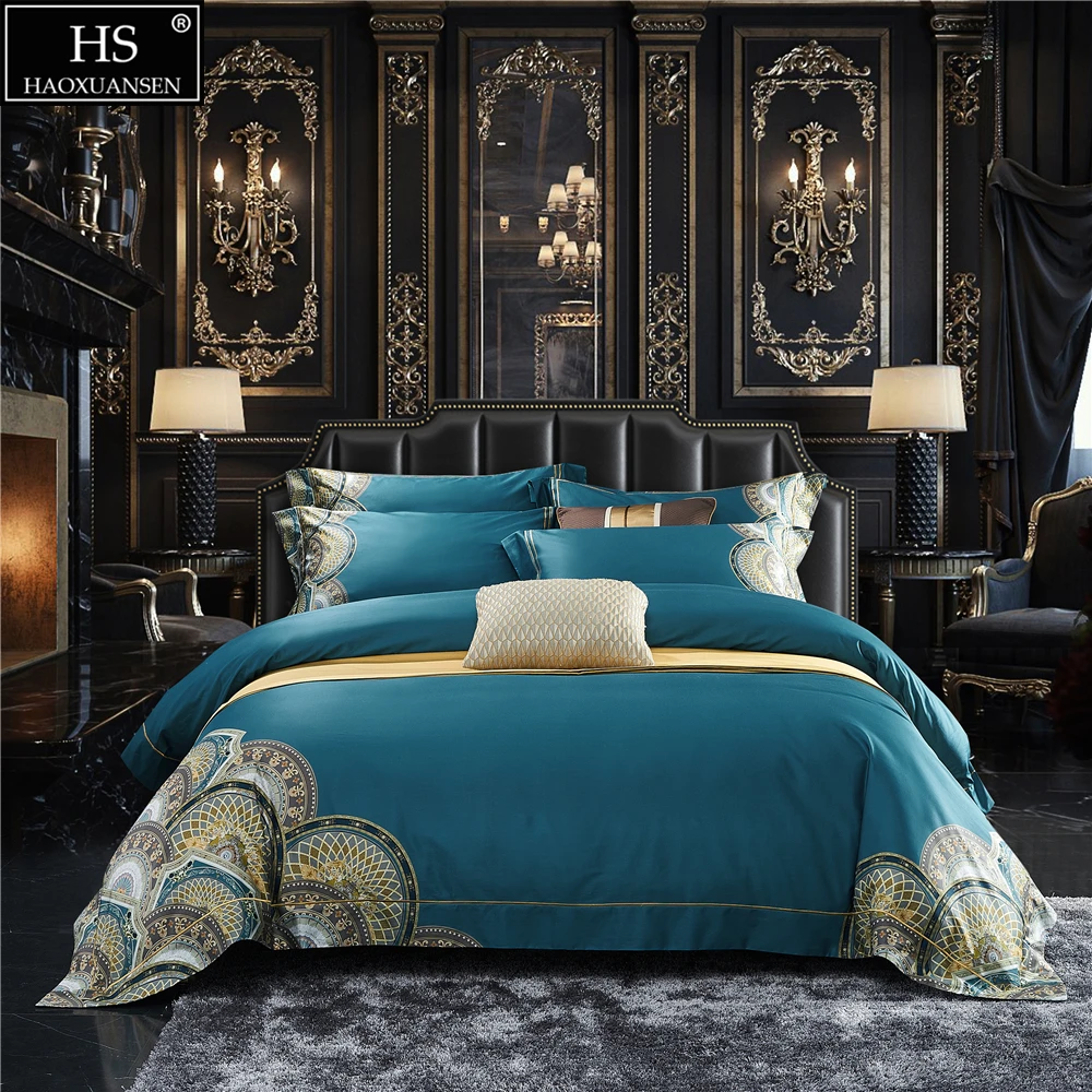 Palace Dome Baroque Design Blue Fabric 4Pieces Bedding Sets Digital Printing BedSheets Pillowcase Duvet Cover Queen King Size