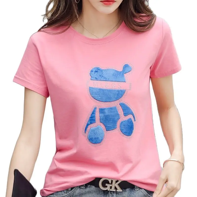 Diamonds Cartoons Appliques Women T-Shirts Cotton 2023 Rhinestone Short Sleeve 3D Bear Pattern Tee Shirt O-Neck Female Pink Tops