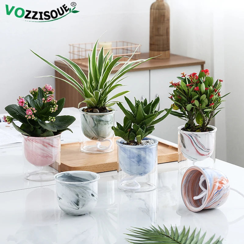 HOT Creative Nordic Ins Home Marbled Hydroponic Succulent Pot Small Selfwatering Plant Flower Pot Ceramic Glass Combination Vase