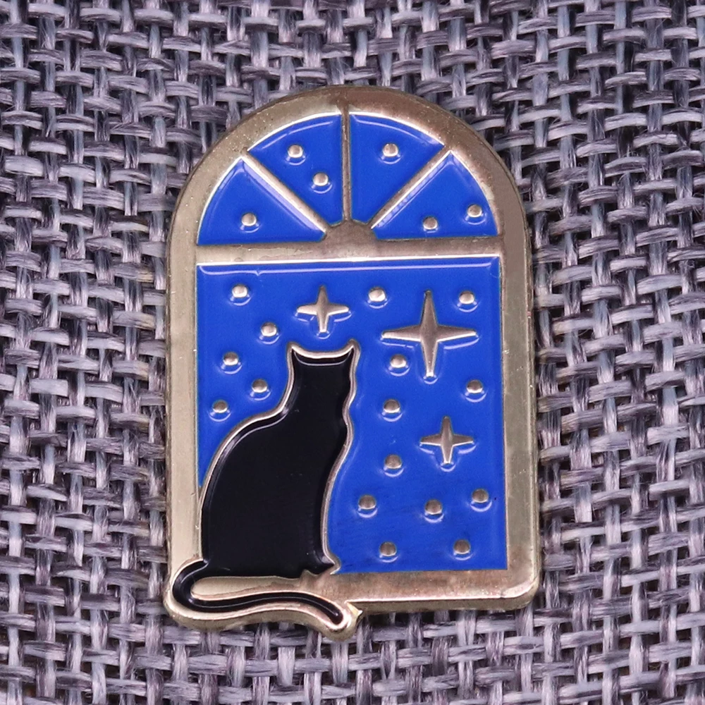 Starry Night Sky Black Cat Sitting on The Window Enamel Pin Midnight Looking Out Kitten Romantic Brooch