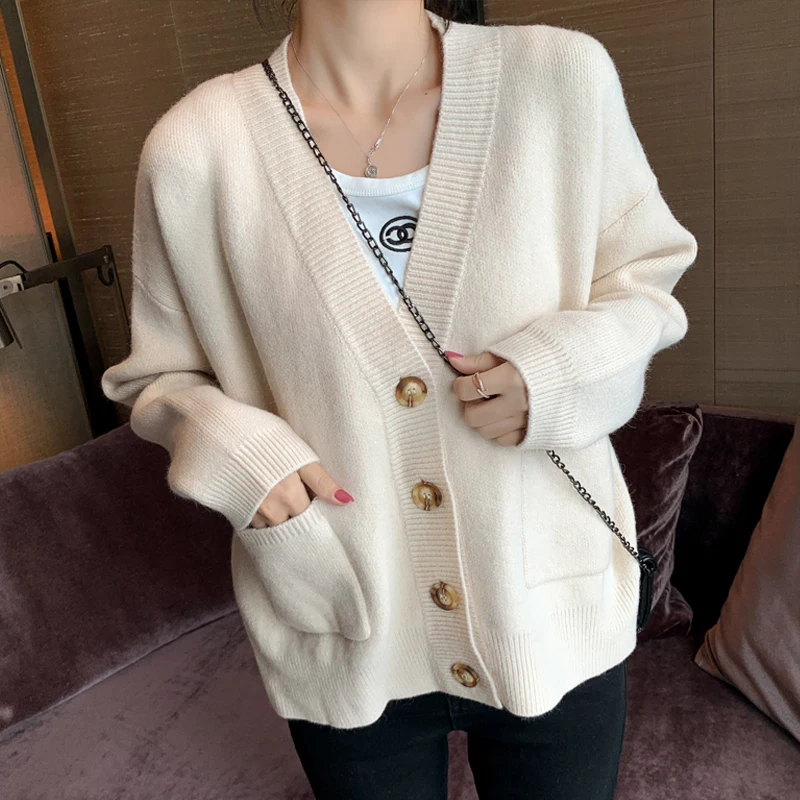 

Snordic Women Autumn Winter V Neck Beige Sweater Full Sleeve Single Breasted Loose Knitted Cardigan Coat Pockets