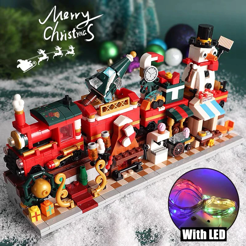 

838pcs 4 IN 1 MOC Christmas Street View Building Blocks Bricks Christmas Winter Village Santa Claus Train Store Kids Toy Gift