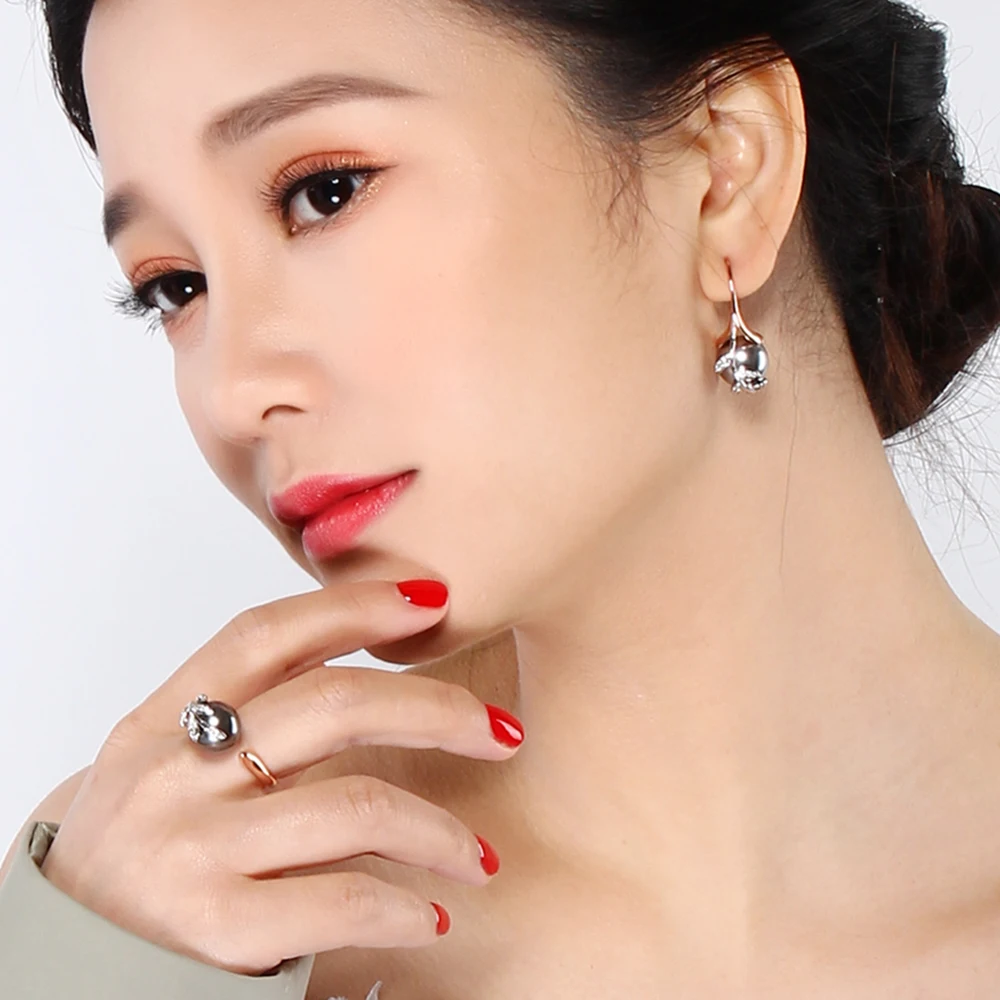 Hot Earrings ring sets Rose with Grey pearl and cubic zircon stone 2 Tone plating Wholesale 2pcs jewelry set