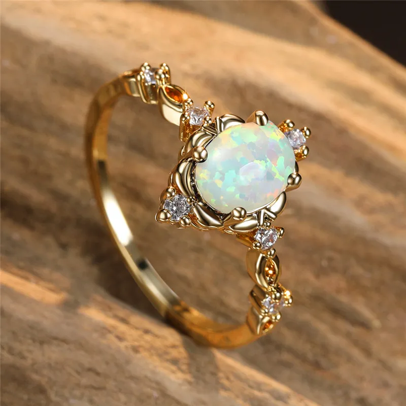 Anillo de boda de Color dorado y plateado con dije, anillo de compromiso de piedra ovalada de ópalo blanco, anillos de cristal púrpura verde y azul para mujer