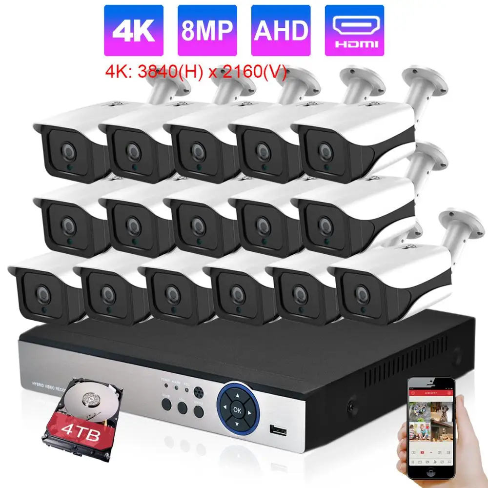 

H.265 16CH 4K Ultra HD DVR Kit 8MP Система охранной камеры IP66 Водонепроницаемая наружная Камера видеонаблюдения комплект камеры 4K HDMI