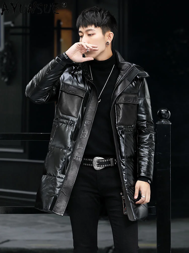 Cowhide Genuine Leather Jacket Men Down Jackets Thick Windbreaker Winter Coat Motorcycle Parka Hommes Veste LXR1018