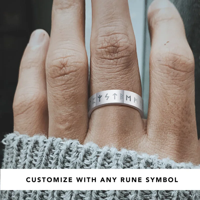 Engraved Norse Pagan Viking Rune Women Ring Stainless Steel Silver Color Norse Ring 6mm