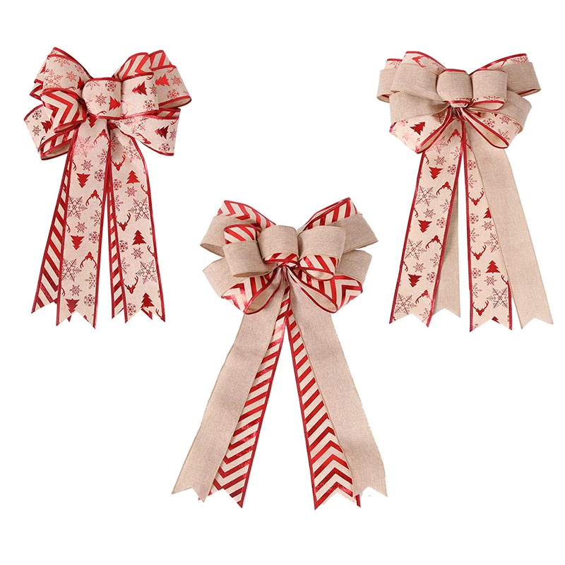 46*28cm Double Layer Linen Bow Christmas Bow-knot Christmas Tree Decorations Maple Leaf Striped Snowflake Khaki Bow Decor