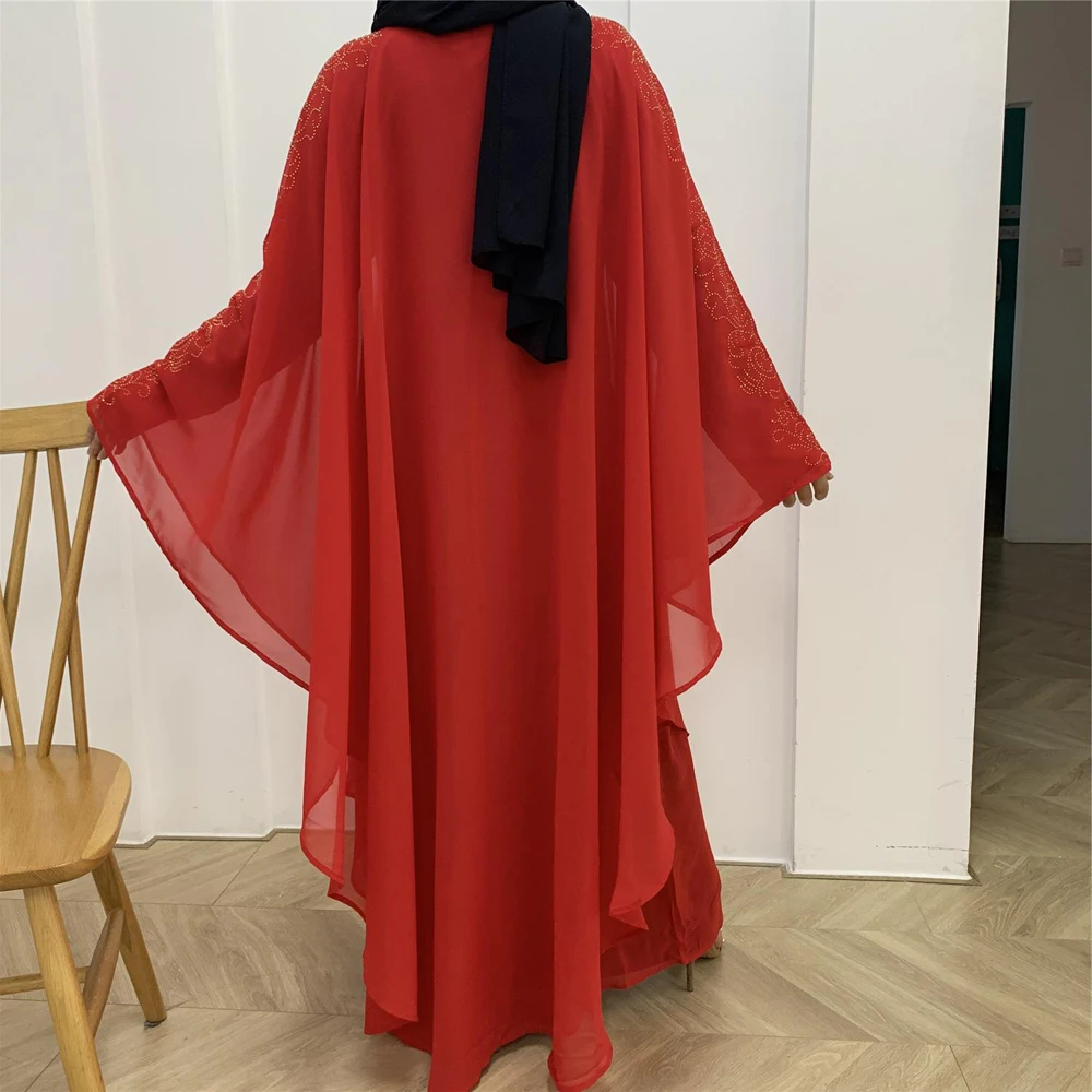 Abaya Rhinestone Batwing Sleeve Arab Robe Open Kimono Turkish Chiffon Muslim Women Maxi Robe Loose Bangladesh African Clothes