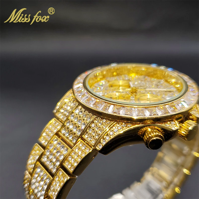 MISSFOX Men Watches 2021 Luxury Large Case With Baguette Full Diamond Quartz Wristwatch Chronograph Calendar Watch Droshipping