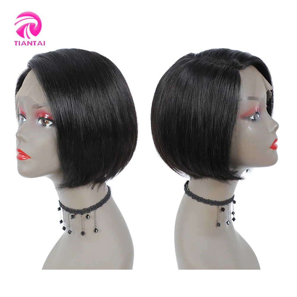 TIANTAI-Perruque Bob Lace Wig Remy Brésilienne Naturelle, Cheveux Courts Lisses, Brun Ombré, Coupe Pixie, Partie Latérale