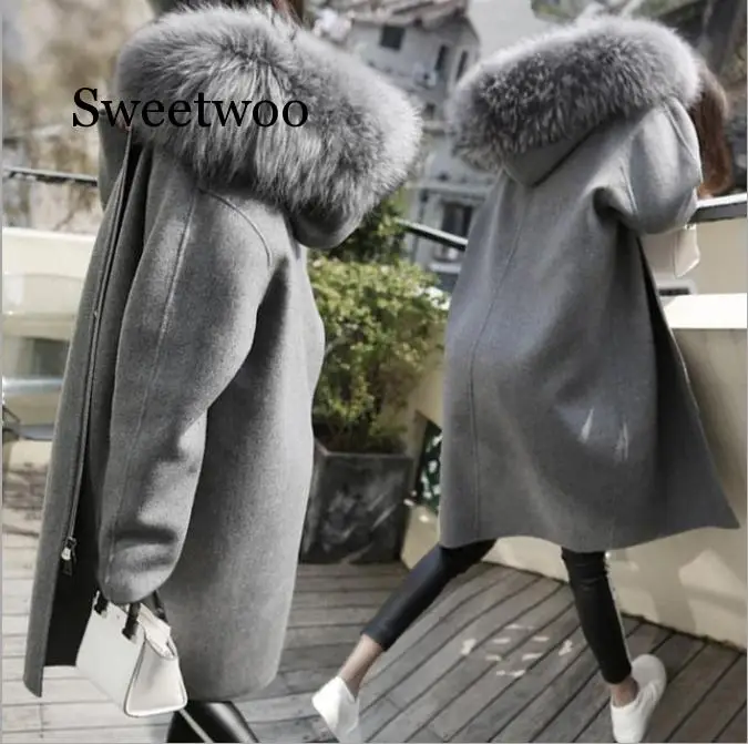 

Women Woolen Coat Leisure Women's Woolen Coat 2020 New Solid color Hooded Faux fur collar Winter Medium long Large size S-XL