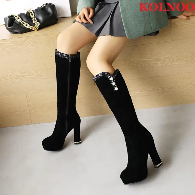 

Kolnoo New Handmade Women Chunky Heel Boots Pearls Sexy Platform Mid-calf Booties Evening Party Prom Fashion Black Winter Shoes