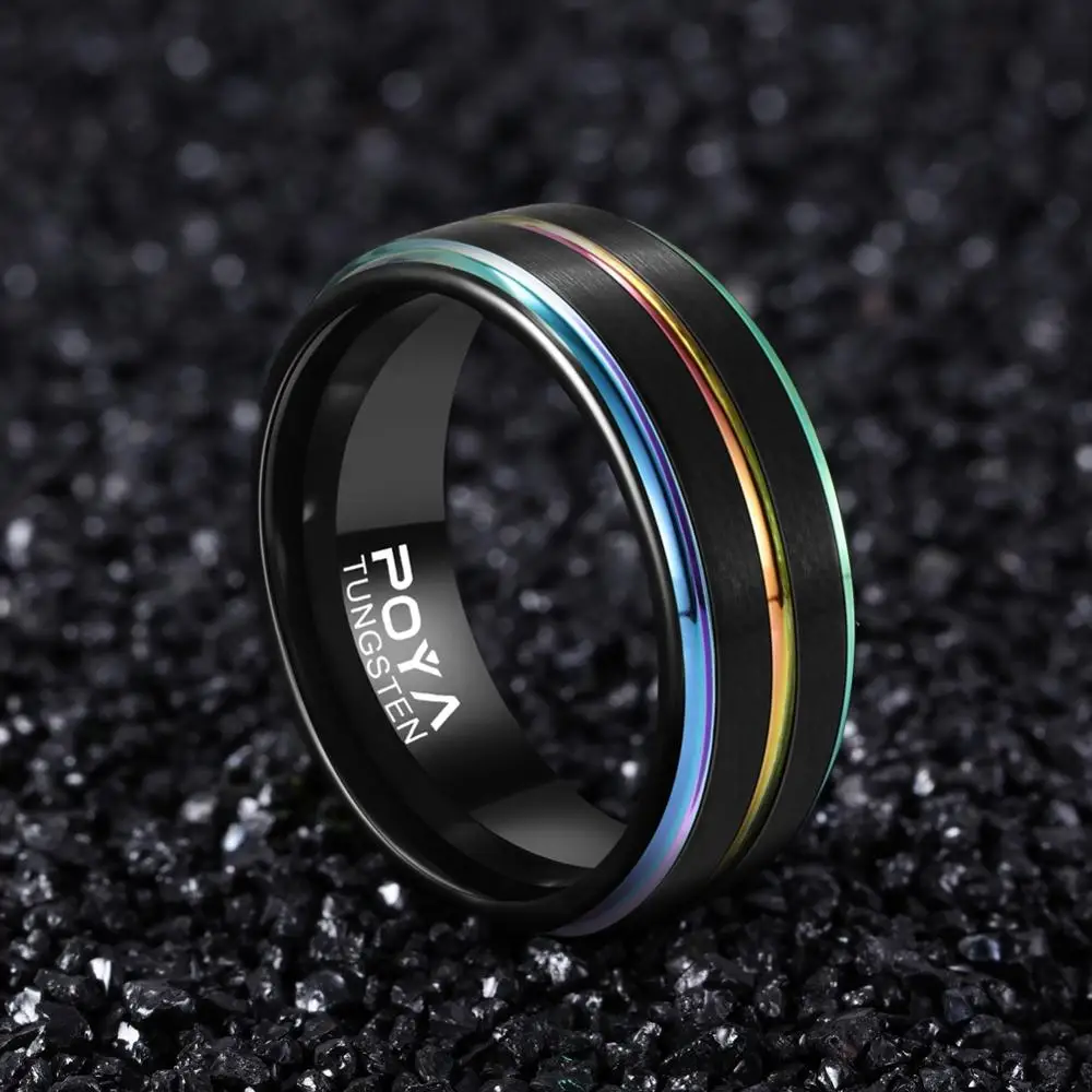 New 8mm Width Black Rings for Men Tungsten Carbide Band Brushed Finishing Rainbow Colorful Size 7-12 Comfort Fit Best Gift