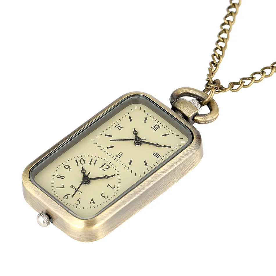 Dual Time Zone Bronze Quartz Pocket Watch, Retângulo Forma, Fob Cadeia, Acessório Retro, Presentes para Homens e Mulheres