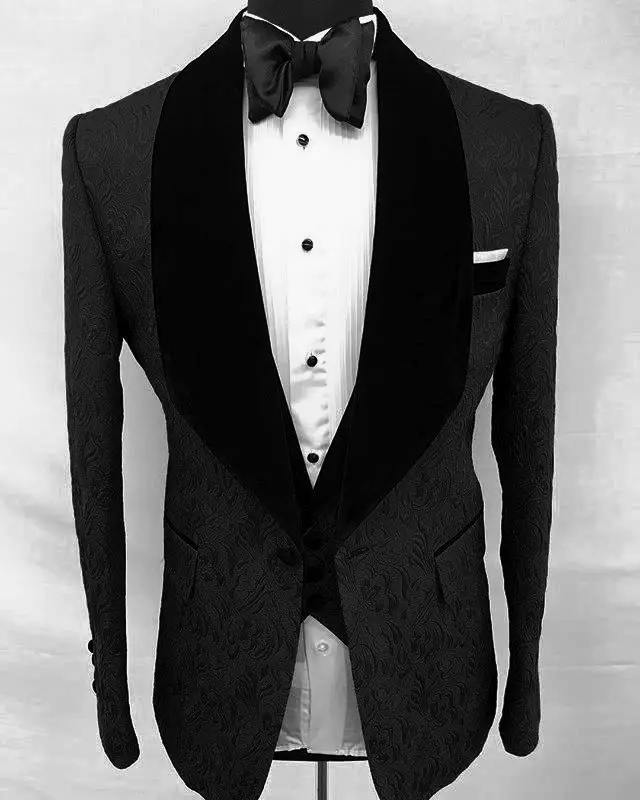 

Elegant Groom Dress 3 Pieces 2020 Custom Made Tuxedo Suit Design Black Floral Velvet Lapel Men Suits For Wedding Party Tuxedos