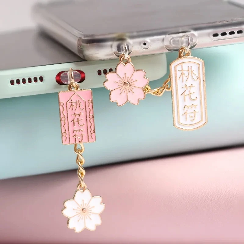 Kawaii Dust Plug Charm Peach Blossom Talismank Anti Dust Cap Cute Charging Port  For iPhone USB C Dust Protection Couple Pendant