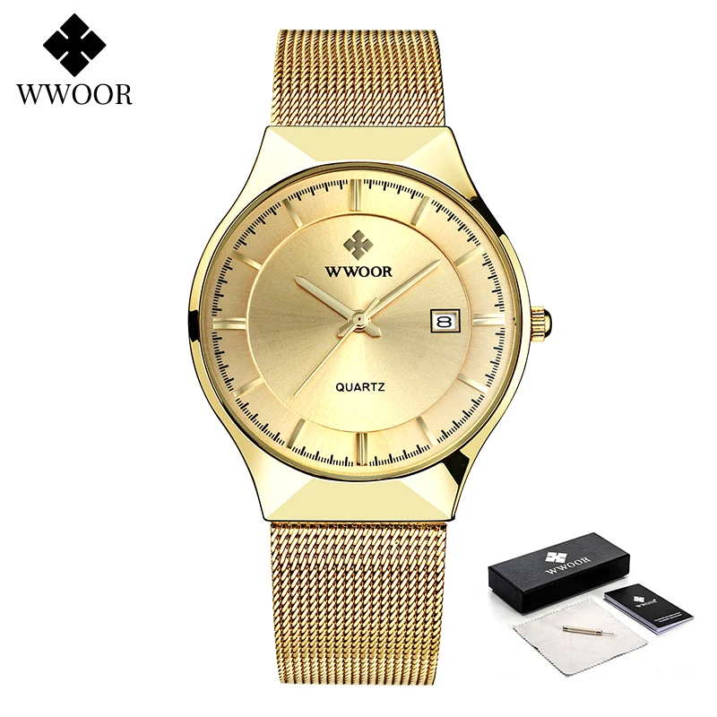 WWOOR Luxury Ultra Thin Mens Quartz Wristwatches Waterproof Casual Sports Mesh Steel Gold Automatic Date Watch Relogio Masculino