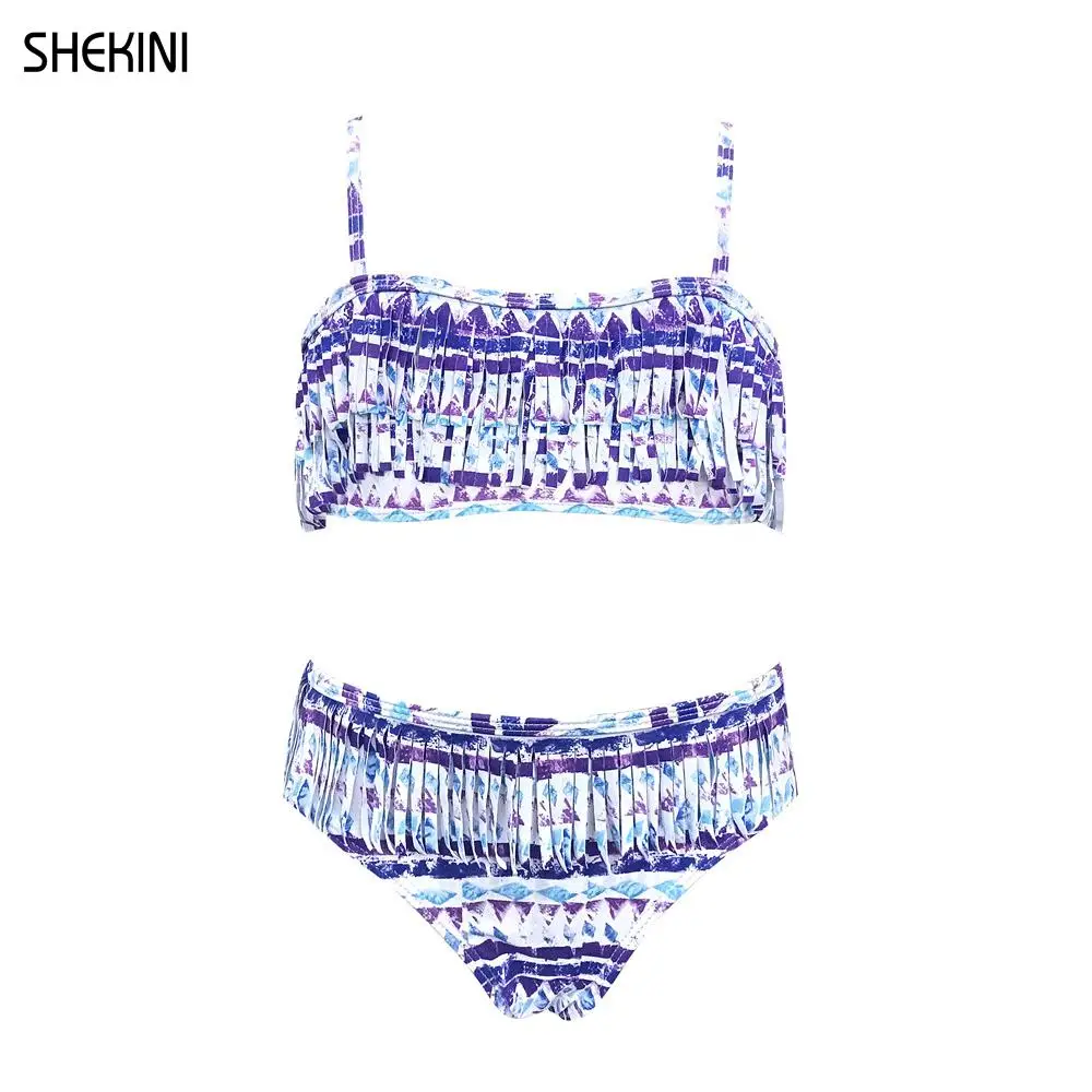 SHEKINI Girl's Swimsuit Leopard Print Bandeau Teenage Girls Bikini Set Vintage Fringe Two Piece Swimwear Teen Beach Bathing Suit