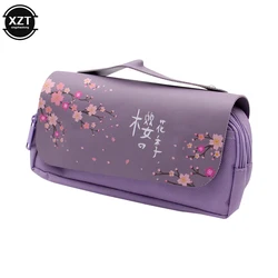 Sakura Pencil Bag PU Leather Pen Case Kawaii Stationery Ruler Pouch for School Girl Sweet Pens Holder Gift Box Flowers Storage